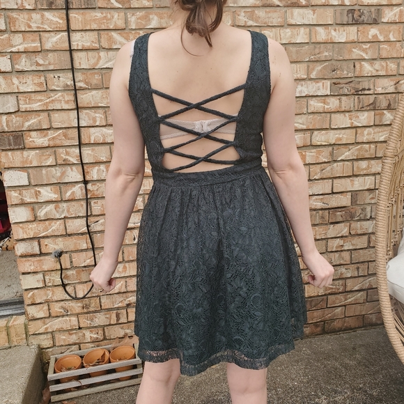 Dark Green Lace Strappy Back Mini Dress - Picture 4 of 6